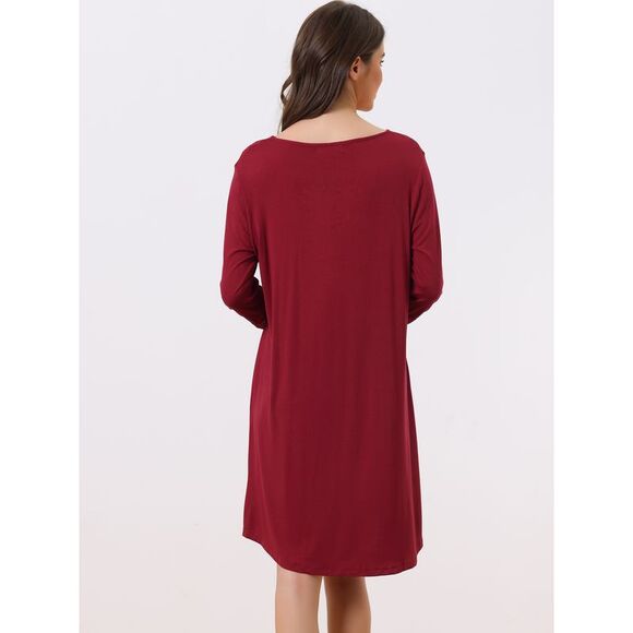 Lace Trim Nightshirt Long Sleeve Pull on Nightgown T-Shirt Dress Wine Red - Picture 3 of 5